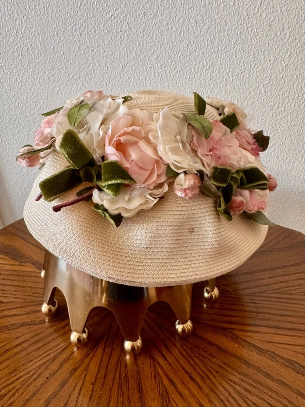 Vintage 1950s Cream millinery Hat with Pink and Green Flowers and Velvet Bow